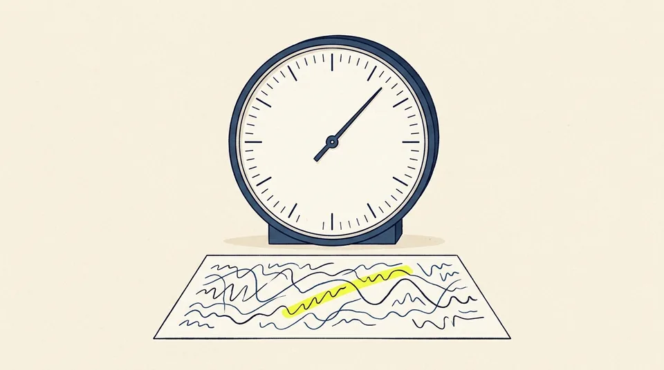 A round analog meter with its needle in the middle of the scale, standing behind a sheet of wavy lines marked with a yellow highlight.