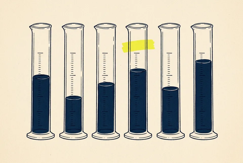Six measuring cylinders filled with dark blue liquid to different levels, one marked with a yellow band.